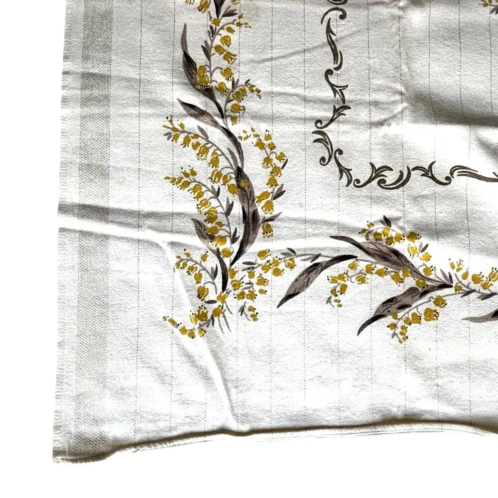 Vintage Tablecloth Cotton blend gray gold floral border print silver metallic